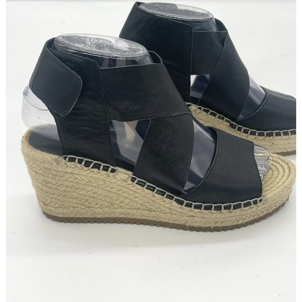 Eileen Fisher Willow Wedge Leather Espadrilles 6.5 Black Minimalist Shoes New
